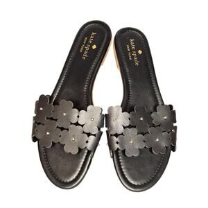 NEW Kate Spade Daisy Field Black SandalsWomen's 9.5 ALL Leather Flowers Slip On